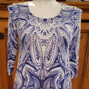 CHICO'S  SZ 0 (XS) BLUE WHITE PAISLEY ASYMMETRIC STRETCH RAYON TOP BLOUSE
